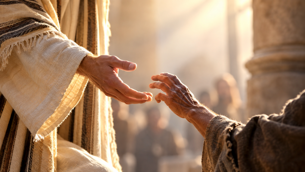 Jesus reaching toward a man with a withered hand, illustrating healing and restoration from Matthew 12:9–14