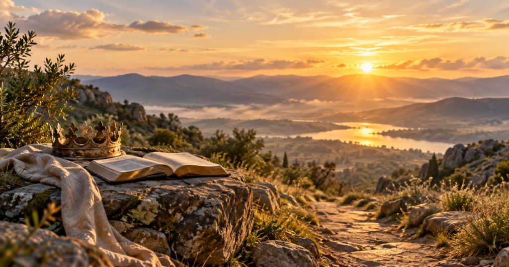 Open Bible and crown resting on a rocky hillside at sunrise, symbolizing the lordship of Jesus and a life built on His Word.