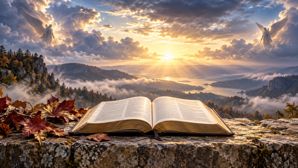 Open Bible beside autumn leaves overlooking a sunlit valley, with two angelic figures among luminous clouds.