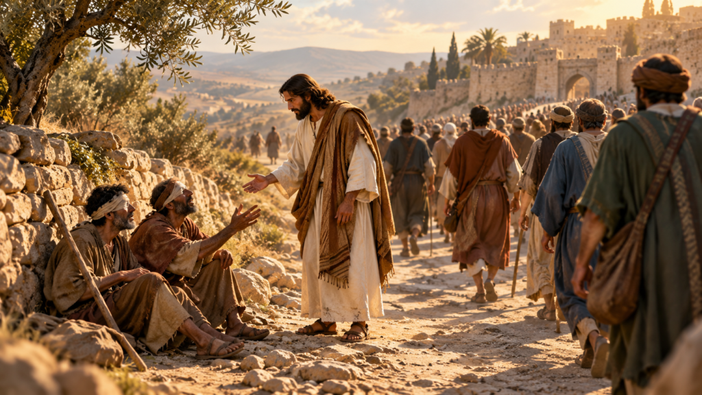 A figure pauses beside two seated men along an ancient road while a larger crowd continues walking away.
