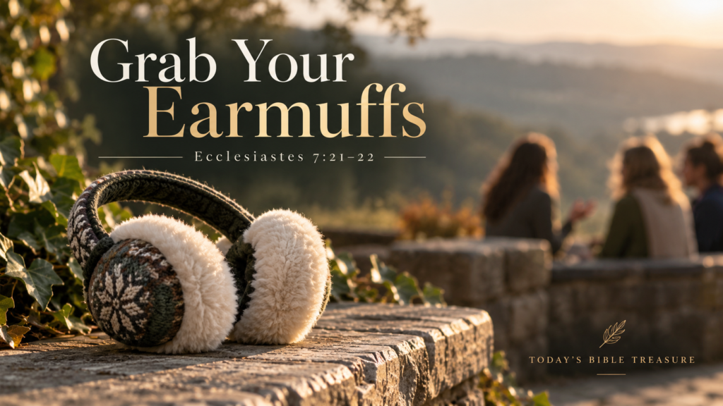 Cozy patterned earmuffs rest on a stone ledge at golden hour while three people talk in the blurred background, illustrating discernment about the words we hear.