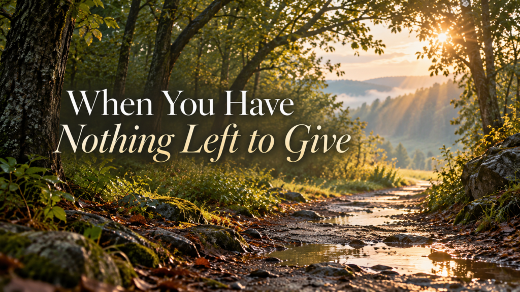 Sunlight filters through the trees onto a peaceful woodland path after rainfall, with the words “When You Have Nothing Left to Give,” reflecting Jesus’ invitation to find rest in Him (Matthew 11:28–30).